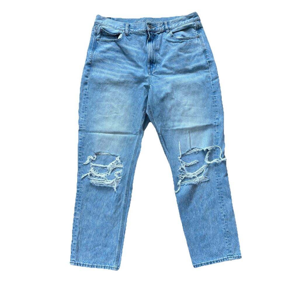 American Eagle Mom Jeans Size 14 Regular High Rise Distressed Blue Womens Pants
